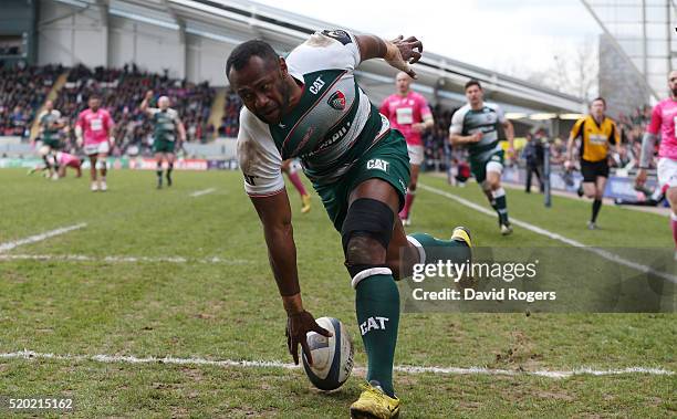 Vereniki Goneva of Leicester scores his second and Leicester's fourth try during the European Rugby Champions Cup quarter final match between...