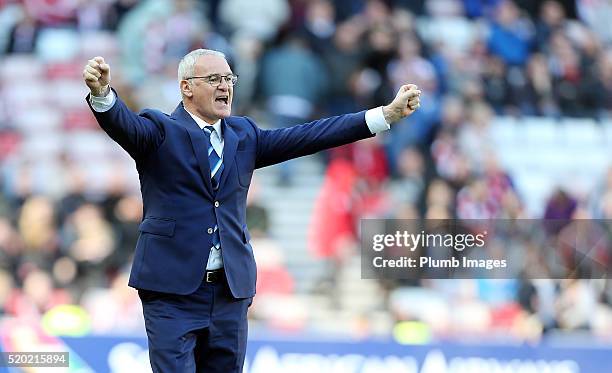 April 10 : Manager Claudio Ranieri of Leicester City celebrates Jamie Vardy of Leicester City's second goal during the Premier League match between...