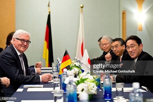 German Foreign Minister Frank-Walter Steinmeier and Japan's Foreign Minister Fumio Kishida attend a bilateral meeting during his visit to G7 Foreign...