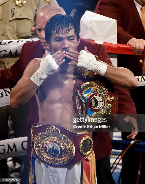 Manny Pacquiao celebrates as he leaves the ring after his unanimous-decision victory over Timothy Bradley Jr. In their welterweight fight on April 9,...