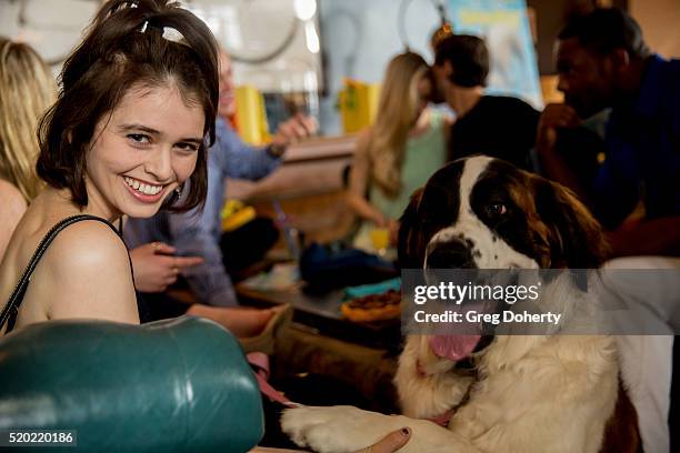 Actress Madeleine Coghlan adn the St Bernard Dorothy, pose for a picture at the Barkfest at Palihouse Holloway on April 9, 2016 in West Hollywood,...