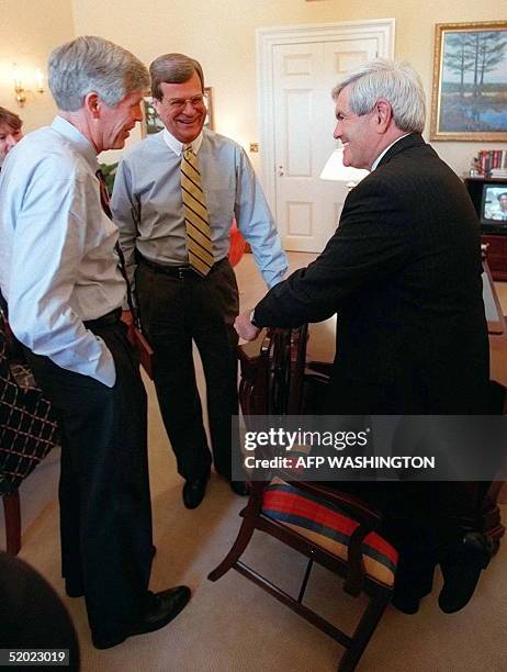 House Speaker Newt Gingrich talks with Senate Majority Leader Trent Lott and Sen. Connie Mack, D-Fla., in Lott's Capitol Hill office 02 May after...