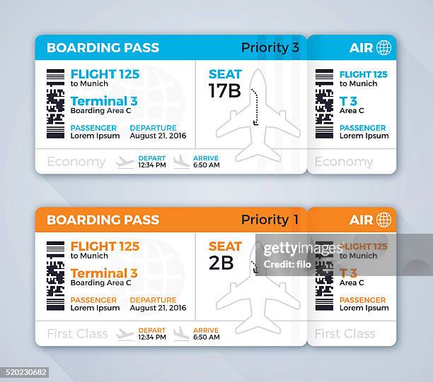 ilustraciones, imágenes clip art, dibujos animados e iconos de stock de abordaje pase billete de avión - first class plane ticket