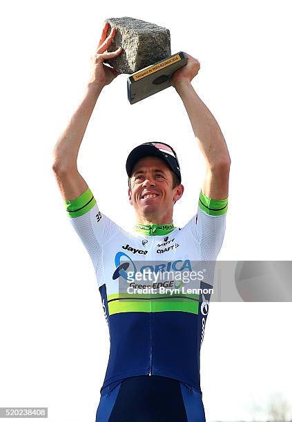 Mathew Hayman of Australia and Orica-GreenEdge celebrates on the podium after winning the 2016 Paris - Roubaix cycle race from Compiegne to Roubaix...