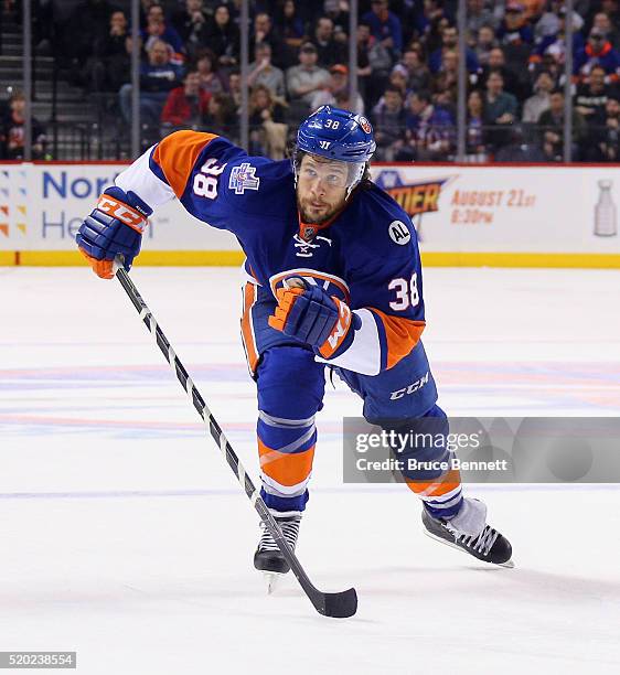 Bracken Kearns of the New York Islanders skates against the Buffalo Sabres at the Barclays Center on April 9, 2016 in the Brooklyn borough of New...