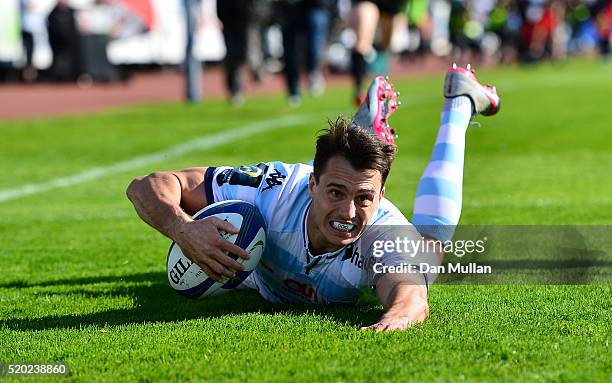 Juan Imhoff of Racing 92 dives over to score his side's first try during the European Rugby Champions Cup Quarter Final between Racing 92 and RC...