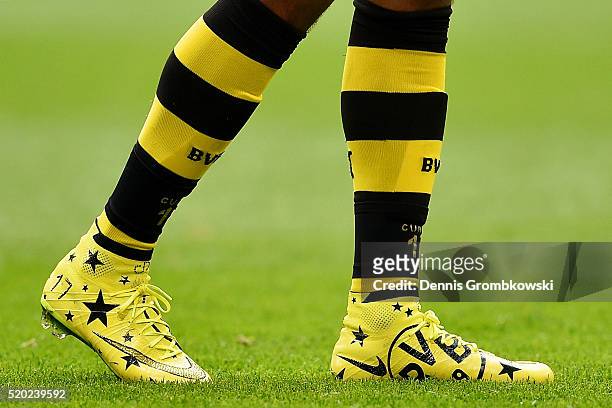 The boots of Pierre-Emerick Aubameyang of Borussia Dortmund during the Bundesliga match between FC Schalke 04 and Borussia Dortmund at Veltins-Arena...