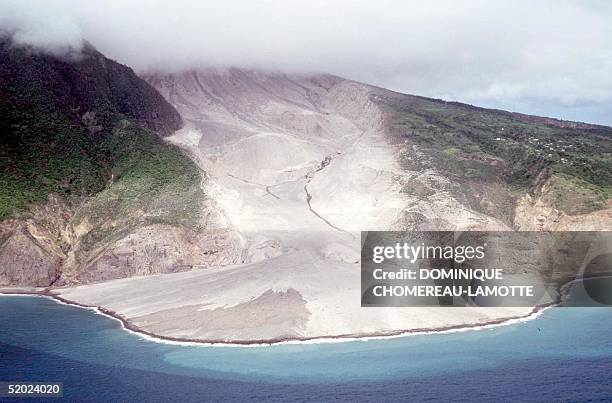 View of the lava flow after a blast from the Soufriere volcano 20 August. A small number of Monserrat residents began to leave their Caribbean island...