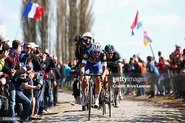 Tom Boonen of Belgium and Etixx-Quick Step leads Ian Stannard of Great Britain and Team SKY in the 2016 Paris- Roubaix from Compiegne to Roubaix on...
