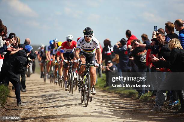 World Road Race Champion Peter Sagan of Slovakia and Tinkoff leads a group of riders during the 2016 Paris- Roubaix from Compiegne to Roubaix on...