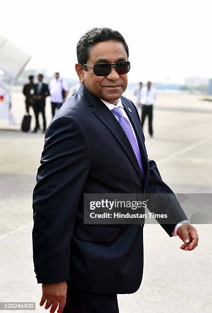 Maldivian President Abdulla Yameen Abdul Gayoom arrives at AFS Palam on April 10, 2016 in New Delhi, India. Maldivian President is on a two-day visit...