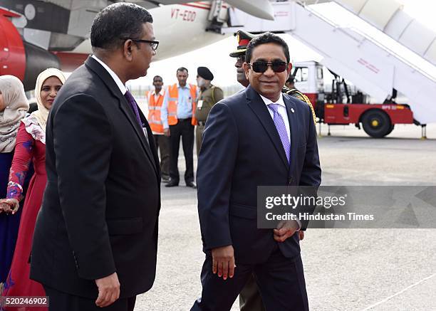 Maldivian President Abdulla Yameen Abdul Gayoom arrives at AFS Palam on April 10, 2016 in New Delhi, India. Maldivian President is on a two-day visit...