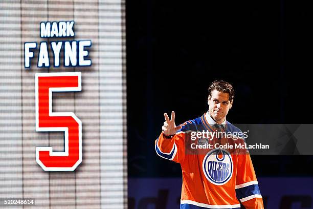 Oilers defenceman Mark Fayne is introduced during the closing ceremonies at Rexall Place following the game between the Edmonton Oilers and the...