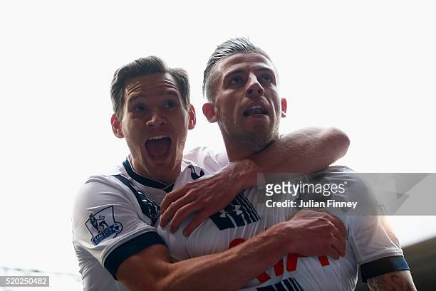 Toby Alderweireld of Tottenham Hotspur with Jan Vertonghen celebrates as he scores their second goal during the Barclays Premier League match between...