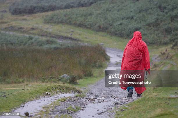 walker wearing red cape in rain - mantel stockfoto's en -beelden