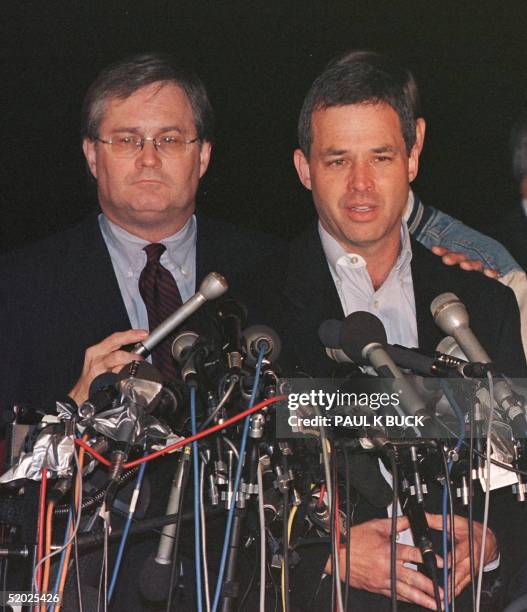 Dana Brown, husband of convicted murderer Karla Faye Tucker speaks to the media after witnessing the execution of his wife by lethal injection at the...