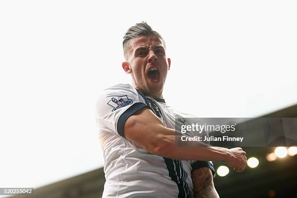 Toby Alderweireld of Tottenham Hotspur celebrates as he scores their second goal during the Barclays Premier League match between Tottenham Hotspur...