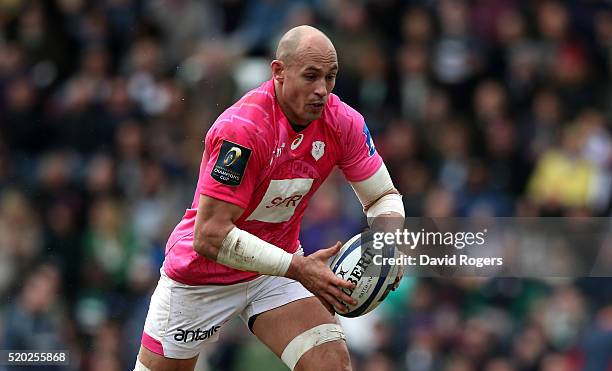 Sergio Parisse of Stade Francais runs with the ball during the European Rugby Champions Cup quarter final match between Leicester Tigers and Stade...