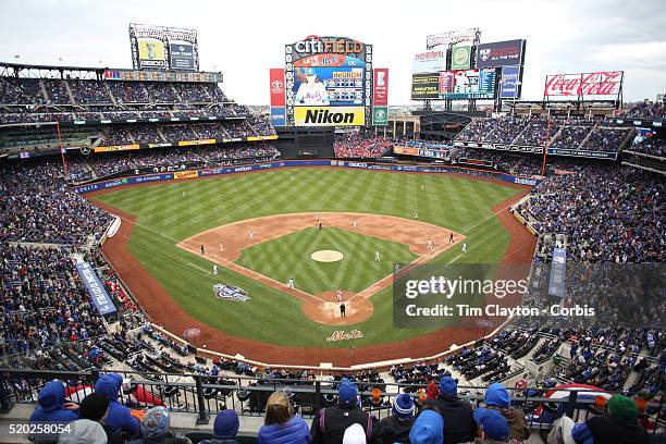 General view of Citi Field as Jacob deGrom, New York Mets, grounds out but drives in Michael Conforto for the Mets first run of the game during the...