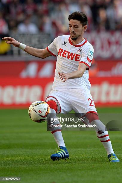 Filip Mladenovic of Koeln runs with the ball during the Bundesliga match between 1. FC Koeln and Bayer Leverkusen at RheinEnergieStadion on April 10,...