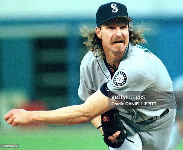 Seattle Mariners' ace Randy Johnson follows through on a pitch to the Chicago White Sox during the second inning of their game at Comisky Park in...