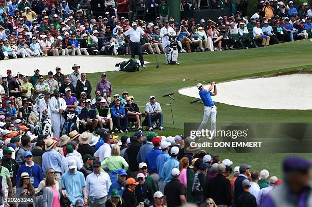 Golfer Jordan Spieth tees off during te final round of the 80th Masters Golf Tournament at the Augusta National Golf Club on April 10 in Augusta,...