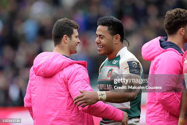 Manu Tuilagi of Leicester Tigers greets Morne Steyn of Stade Francais following the European Rugby Champions Cup Quarter Final between Leicester...