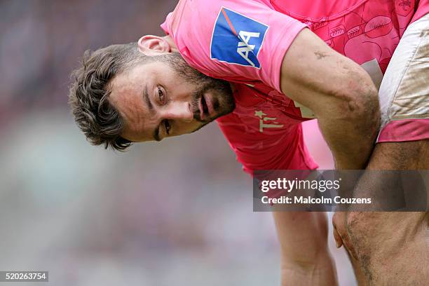 Jeremy Sinzelle of Stade Francais crouches during the European Rugby Champions Cup Quarter Final between Leicester Tigers and Stade Francais Paris on...