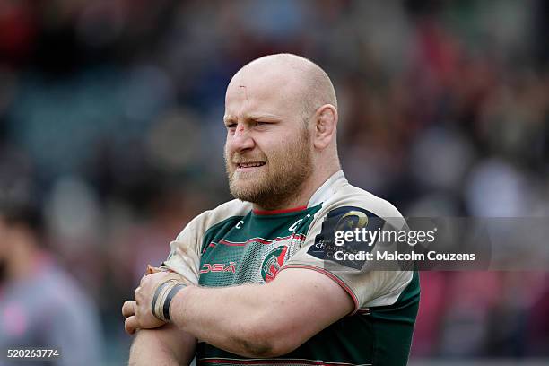 Dan Cole of Leicester Tigers looks on following the European Rugby Champions Cup Quarter Final between Leicester Tigers and Stade Francais Paris on...