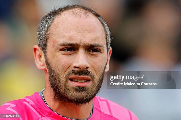 Julien Dupuy of Stade Francais looks on during the European Rugby Champions Cup Quarter Final between Leicester Tigers and Stade Francais Paris on...