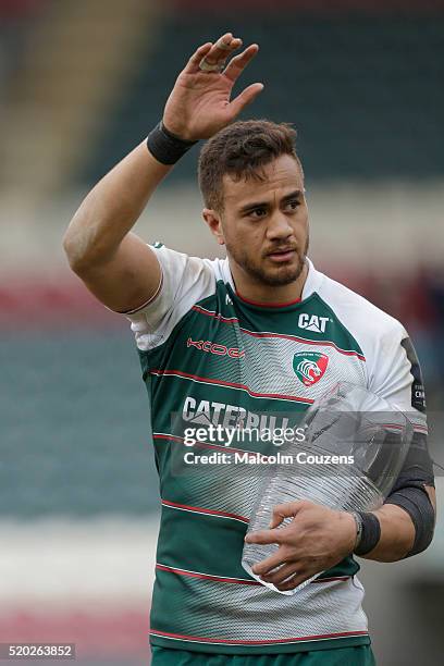 Man of the Match Peter Betham reacts following the European Rugby Champions Cup Quarter Final between Leicester Tigers and Stade Francais Paris on...