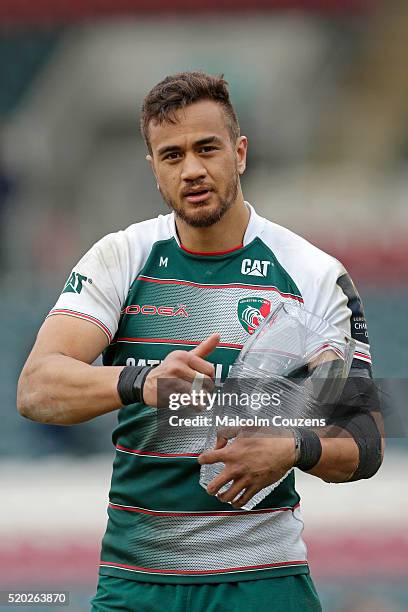 Man of the Match Peter Betham reacts following the European Rugby Champions Cup Quarter Final between Leicester Tigers and Stade Francais Paris on...