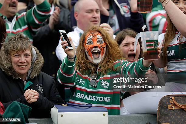 Leicester Tigers supporter celebrates following the European Rugby Champions Cup Quarter Final between Leicester Tigers and Stade Francais Paris on...