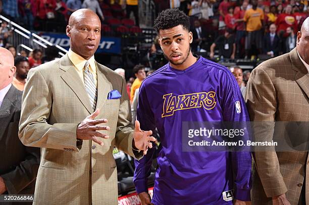 Head coach Byron Scott of the Los Angeles Lakers and D'Angelo Russell of the Los Angeles Lakers talk before the game against the Houston Rockets on...