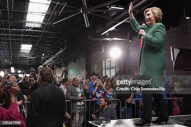 Democratic presidential candidate Hillary Clinton holds a campaign rally at City Garage April 10, 2016 in Baltimore, Maryland. Voters will head to...