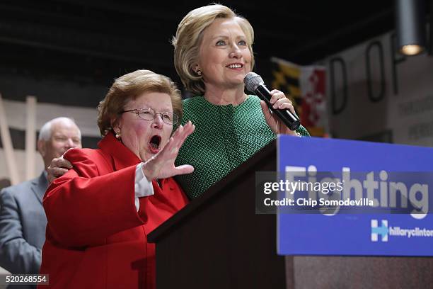 Democratic presidential candidate Hillary Clinton and Sen. Barbara Mikulski hold a campaign rally at City Garage April 10, 2016 in Baltimore,...