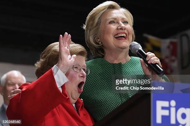 Democratic presidential candidate Hillary Clinton and Sen. Barbara Mikulski hold a campaign rally at City Garage April 10, 2016 in Baltimore,...