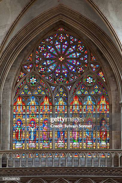 stained glass window in notre-dame de bayeux cathedral - arc brisé photos et images de collection