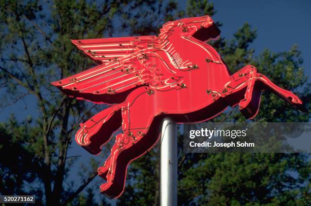 mobil oil gas sign - mobil gas pegasus stock pictures, royalty-free photos & images