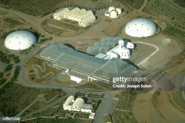 biosphere 2: aerial view - biosphere 2 arizona stock pictures, royalty-free photos & images
