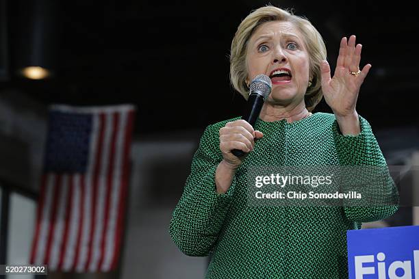 Democratic presidential candidate Hillary Clinton holds a campaign rally at City Garage April 10, 2016 in Baltimore, Maryland. Voters will head to...