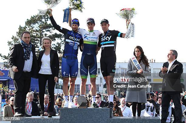 Winner Mathew Hayman of Australia and Orica GreenEDGE , second Tom Boonen of Belgium and Etixx-Quick Step and Ian Stannard of Great Britain and Team...