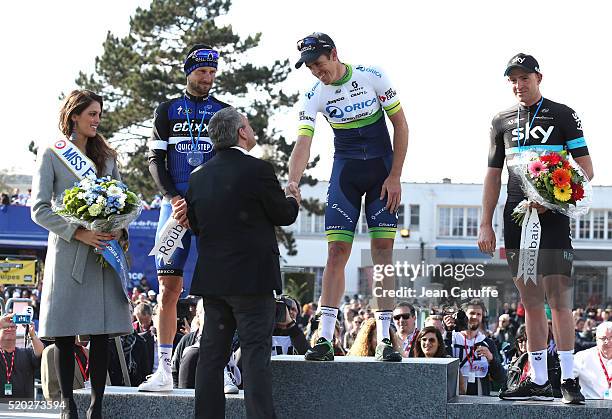 Winner Mathew Hayman of Australia and Orica GreenEDGE , second Tom Boonen of Belgium and Etixx-Quick Step and Ian Stannard of Great Britain and Team...