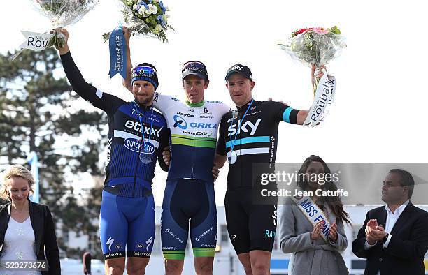 Winner Mathew Hayman of Australia and Orica GreenEDGE , second Tom Boonen of Belgium and Etixx-Quick Step and Ian Stannard of Great Britain and Team...