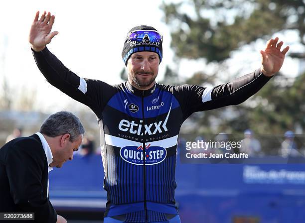 Tom Boonen of Belgium and Etixx-Quick Step finishes second of Paris-Roubaix 2016 cycling race at Velodrome of Roubaix on April 10, 2016 in Roubaix,...