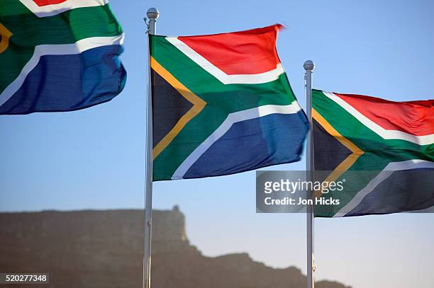 south african flags and table mountain - the president of the republic of south africa makes a state visit to the uk stockfoto's en -beelden