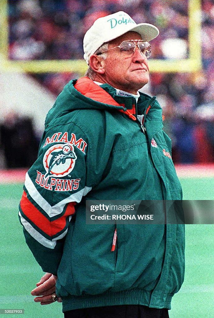 Miami Dolphin's head coach Don Shula looks at the