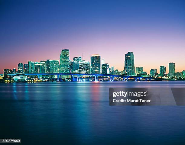 miami skyline at night - downtown miami ストックフォトと画像