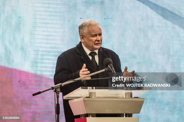 Jaroslaw Kaczynski, leader of Law and Justice party and twin brother of late Polish president Lech Kaczynski, speaks during an evening ceremony...