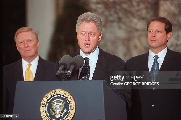 President Bill Clinton addresses the nation 19 December from the White House after the US House of Representatives impeached him on charges of...